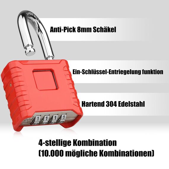 4-Stelliges Schwer Zahlenschloss, Diyife 52MM Sicherheitsschloss mit 8MM Dicker Schäkel, aus 304 Edelstahl, Ein-Knopf-Entriegelung, Wasserdicht und Diebstahlsicher für Hof, Zaun, Garagen, Tore - Rot
