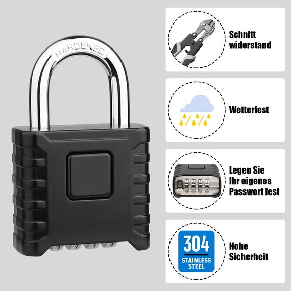 2 Pack Robustes Vorhängeschloss mit Zahlencode, Diyife Wetterfestes Zahlenschloss mit 8MM Schäkel, aus 304 Edelstahl, für Hof, Garagen, Tore, Zaun, Keller - Schwarz