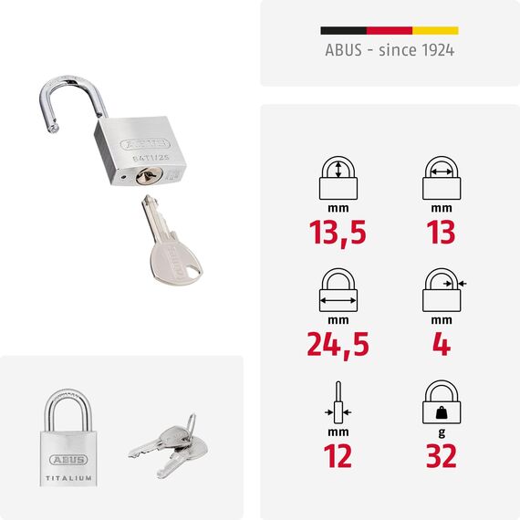ABUS Vorhängeschloss Titalium 64TI/25 gl.-6256 - gleichschließend - Schlosskörper aus Spezial-Aluminium - gehärteter Stahlbügel - ABUS-Sicherheitslevel 3 - Silber