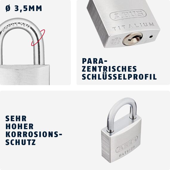 ABUS Vorhängeschloss Titalium 64TI/20 - 2er Set, gleichschließend - Schlosskörper aus Spezial-Aluminium - gehärteter Stahlbügel - ABUS-Sicherheitslevel 3 - Silber