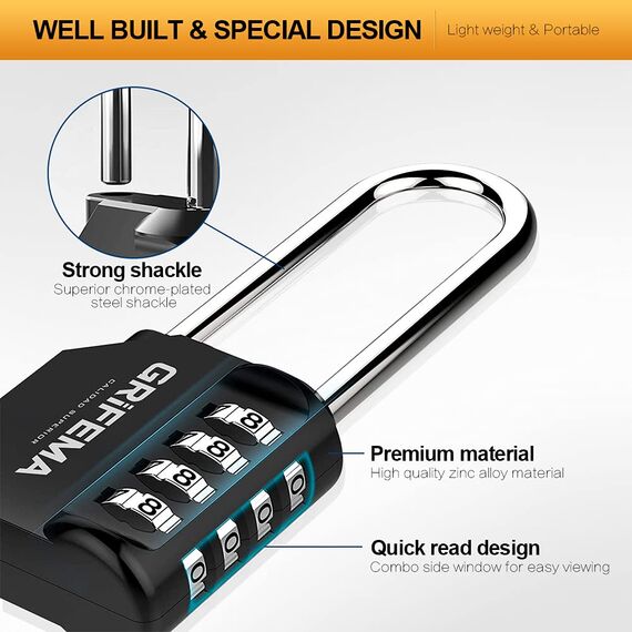 GRIFEMA 2 Pack Zahlenschloss 4 Stellig mit Langer Bügel - Vorhängeschloss Wetterfest Frostsicher, Schloss mit Zahlencode Zinklegierung Robust, Sicher, Schlösser für Spind, Garage, Tor, Schule, Koffer