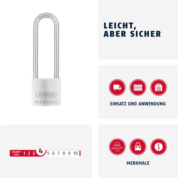 ABUS Vorhängeschloss Titalium 64TI/30HB60 - mit hohem Bügel - Kellerschloss mit Schlosskörper aus Spezial-Aluminium - gehärteter Stahlbügel - ABUS-Sicherheitslevel 4