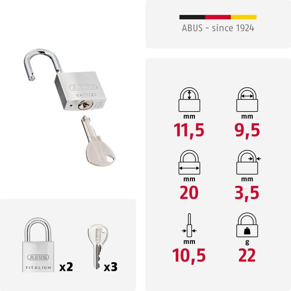ABUS Vorhängeschloss Titalium 64TI/20 - 2er Set, gleichschließend - Schlosskörper aus Spezial-Aluminium - gehärteter Stahlbügel - ABUS-Sicherheitslevel 3 - Silber