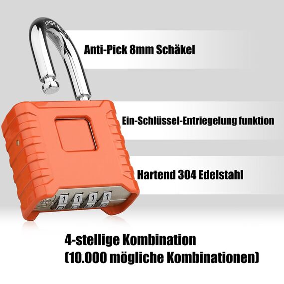 4-Stelliges Schwer Zahlenschloss, Diyife 52MM Heavy Duty Vorhängeschloss mit 8MM Dicker Schäkel, aus 304 Edelstahl, Wasserdicht und Diebstahlsicher für Hof, Zaun, Garagen, Tore - Orange