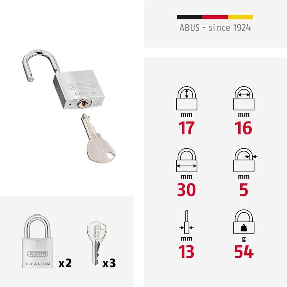ABUS Vorhängeschloss Titalium 64TI/30 - 2er Set, gleichschließend - Kellerschloss mit Schlosskörper aus Spezial-Aluminium - gehärteter Stahlbügel - ABUS-Sicherheitslevel 4