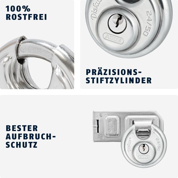 ABUS Diskus Vorhängeschloss 24IB/50 aus Edelstahl - mit 360° Rundumschutz - zur Sicherung bei starken Witterungseinflüssen - 20318 - ABUS-Sicherheitslevel 7 - Silber