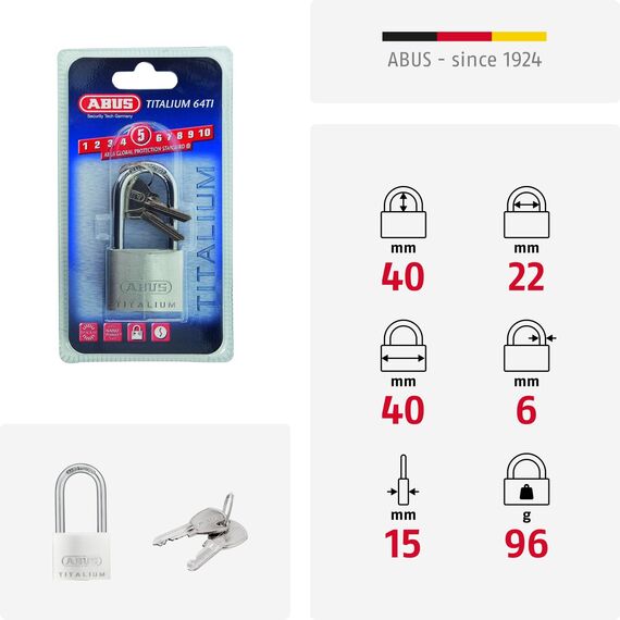 ABUS Vorhängeschloss Titalium 64TI/40HB40 gl.-6412 - gleichschließend und mit hohem Bügel - Kellerschloss mit Schlosskörper aus Spezial-Aluminium - ABUS-Sicherheitslevel 5
