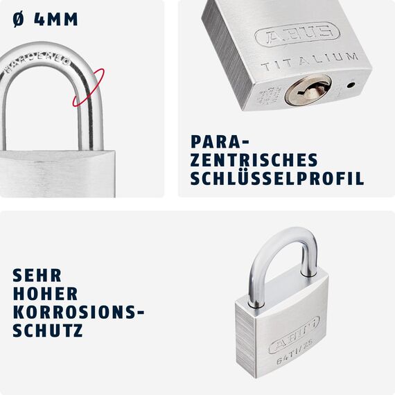 ABUS Vorhängeschloss Titalium 64TI/25 gl.-6256 - gleichschließend - Schlosskörper aus Spezial-Aluminium - gehärteter Stahlbügel - ABUS-Sicherheitslevel 3 - Silber