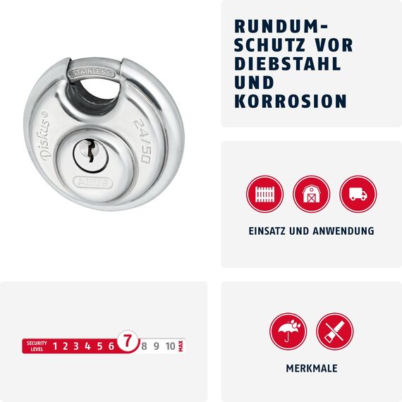 ABUS Diskus Vorhängeschloss 24IB/50 aus Edelstahl - mit 360° Rundumschutz - zur Sicherung bei starken Witterungseinflüssen - 20318 - ABUS-Sicherheitslevel 7 - Silber
