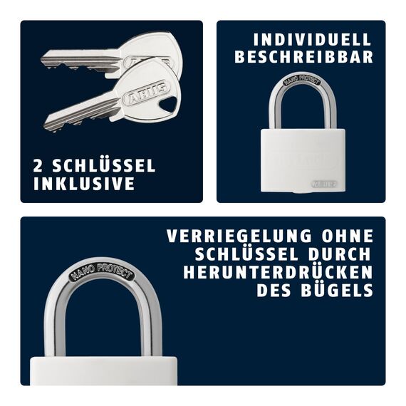ABUS Vorhängeschloss T65AL/40 myLOCK - individuell beschreibbar - Spindschloss - massiver Aluminium-Schlosskörper - ABUS-Sicherheitslevel 5 - Weiß