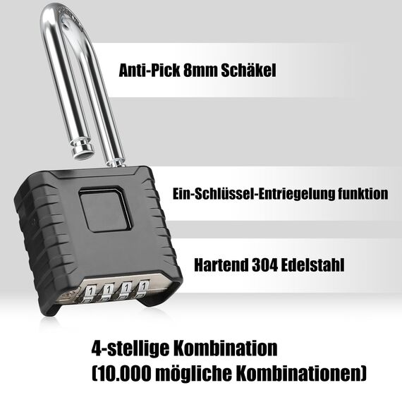 4-Stelliges Zahlenschloss Langer Bügel, Diyife Schwer Vorhängeschloss mit 8MM Dicker, 304 Edelstahl, Ein-Knopf-Entriegelung, Wasserdicht und Diebstahlsicher für Hof, Zaun, Garagen, Tore - Schwarz