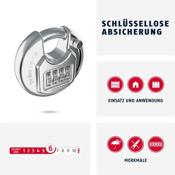 ABUS Vorhängeschloss Diskus Combo 29/70 - Zahlenschloss mit 4-stelligem Zahlencode für hohe Sicherheit - für innen und außen - Schlosskörper aus Edelstahl