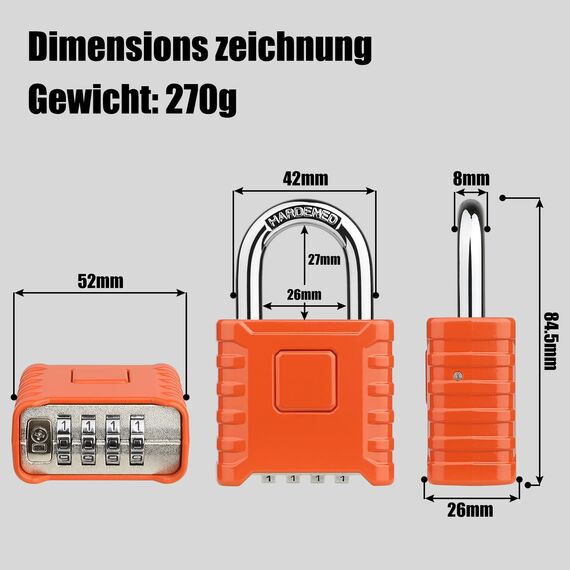 4-Stelliges Schwer Zahlenschloss, Diyife 52MM Heavy Duty Vorhängeschloss mit 8MM Dicker Schäkel, aus 304 Edelstahl, Wasserdicht und Diebstahlsicher für Hof, Zaun, Garagen, Tore - Orange