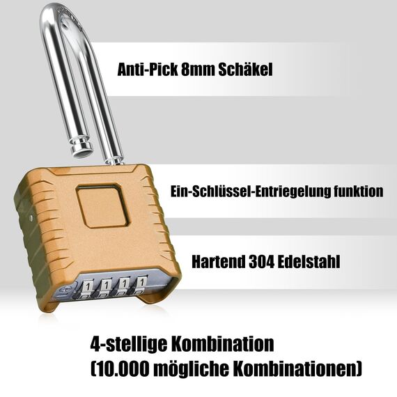 Schwer Zahlenschloss, Diyife 4-Stelliges Kombinationsschloss mit 8MM Dicker Langem Schäkel, 304 Edelstahl, Ein-Knopf-Entriegelung, Wasserdicht & Diebstahlsicher für Hof, Zaun, Garagen, Tore - Messing