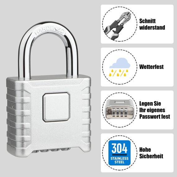 4-Stelliges Schwer Zahlenschloss, Diyife 52MM Heavy Duty Vorhängeschloss mit 8MM Dicker Schäkel, aus 304 Edelstahl, Wasserdicht und Diebstahlsicher für Hof, Zaun, Garagen, Tore - Silber