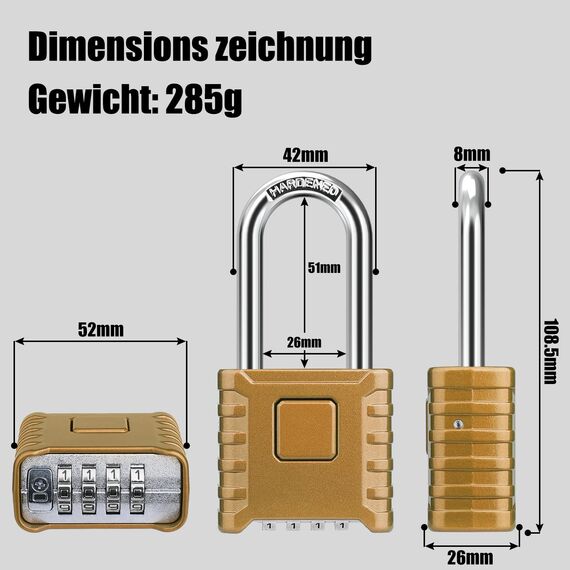 Schwer Zahlenschloss, Diyife 4-Stelliges Kombinationsschloss mit 8MM Dicker Langem Schäkel, 304 Edelstahl, Ein-Knopf-Entriegelung, Wasserdicht & Diebstahlsicher für Hof, Zaun, Garagen, Tore - Messing