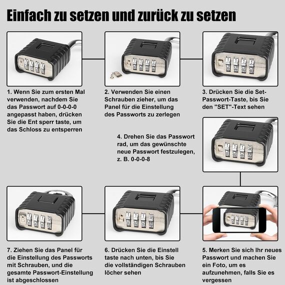 4-Stelliges Schwer Zahlenschloss, Diyife 52MM Vorhängeschloss mit 8MM Dicker Schäkel, Sicherheitsschloss aus 304 Edelstahl, Wasserdicht und Diebstahlsicher für Hof, Zaun, Garagen - Schwarz Silber