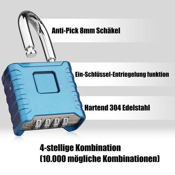 4-Stelliges Schwer Zahlenschloss, Diyife 52MM Sicherheitsschloss mit 8MM Dicker Schäkel, aus 304 Edelstahl, Ein-Knopf-Entriegelung, Wasserdicht und Diebstahlsicher für Hof, Zaun, Garagen, Tore - Blau