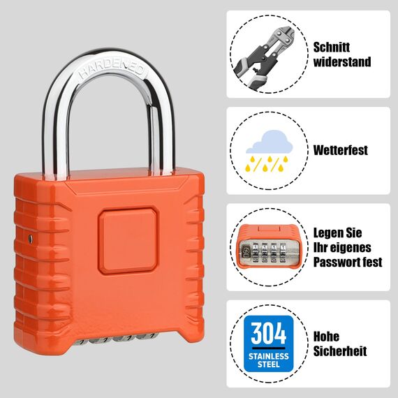 4-Stelliges Schwer Zahlenschloss, Diyife 52MM Heavy Duty Vorhängeschloss mit 8MM Dicker Schäkel, aus 304 Edelstahl, Wasserdicht und Diebstahlsicher für Hof, Zaun, Garagen, Tore - Orange