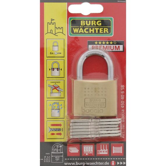 Burg-Wächter Vorhängeschloss, 6,5 mm Bügelstärke, Kneifschutz, 6 Schlüssel, Boccia 450 40 6 SB