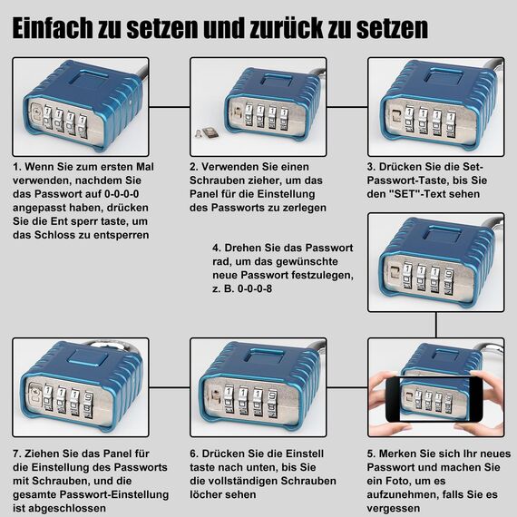 4-Stelliges Schwer Zahlenschloss, Diyife 52MM Sicherheitsschloss mit 8MM Dicker Schäkel, aus 304 Edelstahl, Ein-Knopf-Entriegelung, Wasserdicht und Diebstahlsicher für Hof, Zaun, Garagen, Tore - Blau