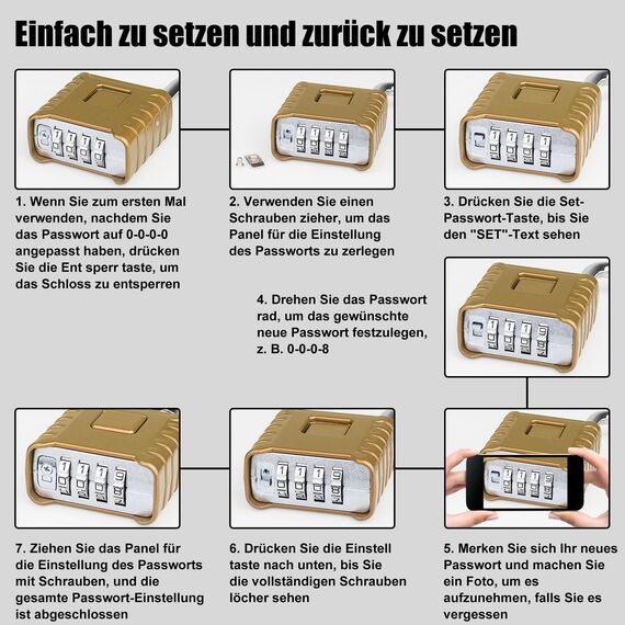 Schwer Zahlenschloss, Diyife 52MM 4-Stelliges Kombinationsschloss mit 8MM Dicker Schäkel, Sicherheitsschloss aus 304 Edelstahl, Wasserdicht und Diebstahlsicher für Hof, Zaun, Garagen, Tore - Messing