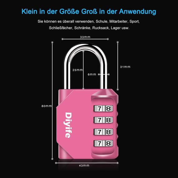 Diyife 2 Pack 4 Stellig Zahlencode Schloss, Vorhängeschloß, Rücksetzbar Zahlenschloss, Wasserdicht Zahlen Schloss für Spind, Garage, Koffer - Rosa