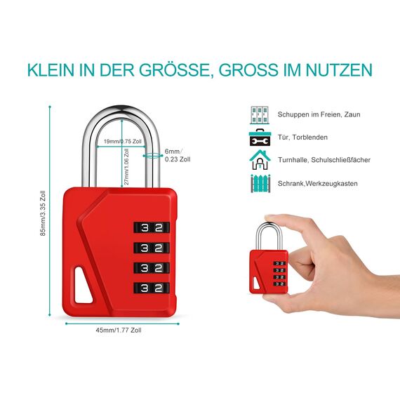 ZHEGE Zahlenschloss Vorhangeschloss, 4 Stelliges Vorhängschloss mit Zahlencode für Fitnessstudio Spind, Schule Schließfach, Schloss Zahlencode wetterfest für Schuppen, Zaun Tor (Rot, 1 Stück)