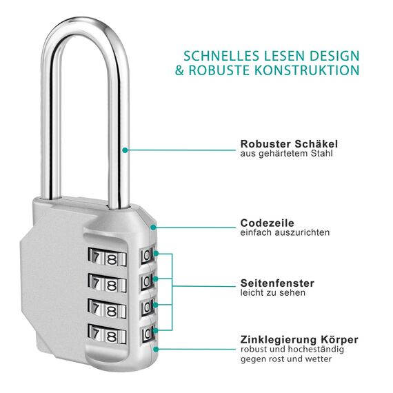 ZHEGE Lang Vorhängeschloss Zahlen, 115 mm Gesamthöhe, 66,5 mm Bügelhöhe, 4-stellig Zahlenschloss Langer Bügel für Fitnessstudio Spind, Werkzeugkisten, Wetterfest Schloss für Tür (1 Stück, Silber)