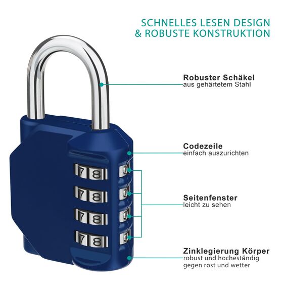 ZHEGE Zahlenschlösser Spind Fitnessstudio, Vorhängeschlösser Zahlen Aussenbereich Wetterfest, 4-stellig Schlösser Zahlencode für Schrank, Werkzeugkasten, Tür, Gartenzäunen, usw (Schwarz & Blau)