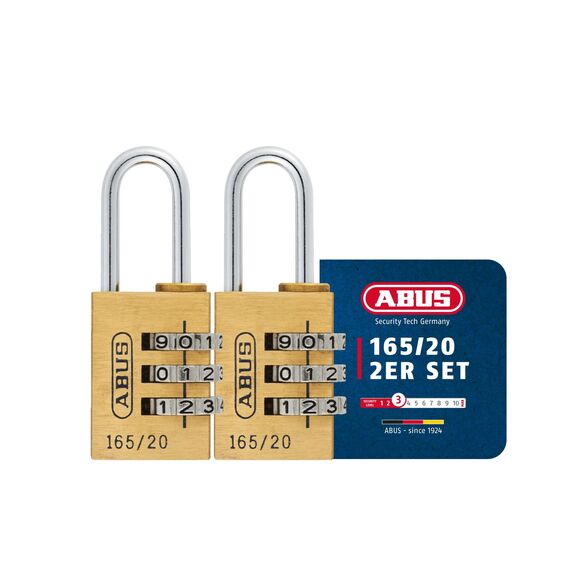 ABUS Zahlenschloss 165/20 - Vorhängeschloss aus Messing - mit individuell einstellbarem Zahlencode - Kofferschloss/Spindschloss - ABUS-Sicherheitslevel 3 (Packung mit 2)