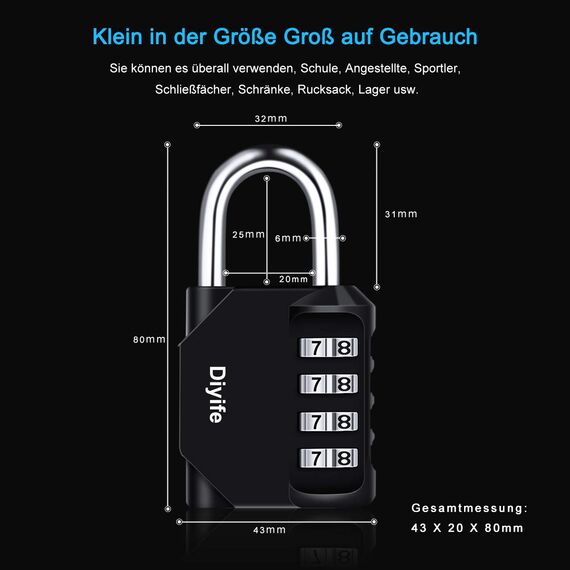 Diyife 3 Stück Zahlenschloss 4-Stelliges Kombination Vorhängeschloss, Kombinationsschloss, Wetterfestes Metall, Plated Steel Combination Lock für Schule, Gym Locker, Hasp, Schwarz Rot Silber