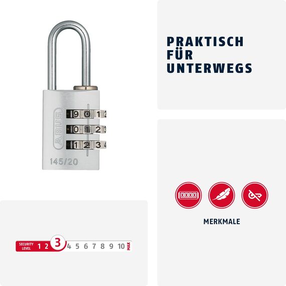 ABUS Zahlenschloss 145/20 Titanium - Kofferschloss, Spindschloss u. v. m. - Aluminium-Vorhängeschloss - individuell einstellbarer Zahlencode - ABUS-Sicherheitslevel 3