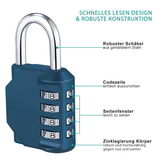 ZHEGE Zahlenschloss 4 Stellig, Vorhänge Vorhängeschloss mit Zahlencode für Fitnessstudio, Spindschloss, Vorhangschloss Ziffern Wetterfest für Tür, Gartenzäunen (Pfauenblau)