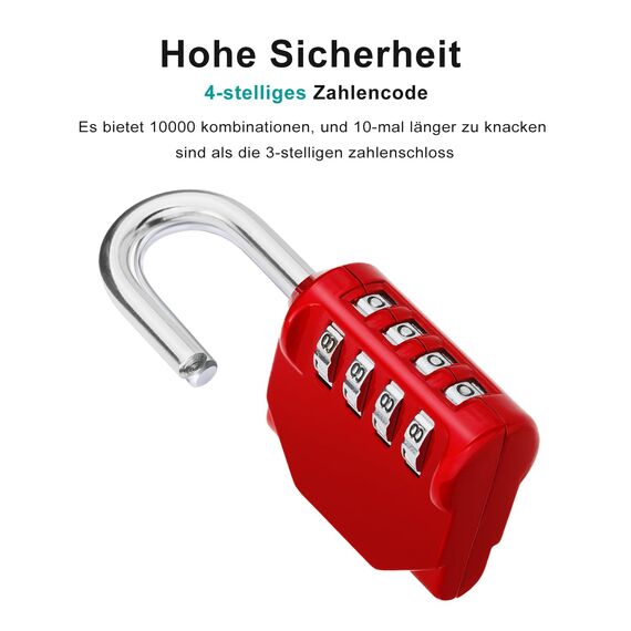 ZHEGE Zahlenschlösser Spind, Wetterfest Vorhängeschlösser, Schloss Zahlencode, 4 Stellig Kombinationsschloss für Fitnessstudio Schulspind, Schrank, Tür, Gartenzäunen usw (2 Stücke, Rot)
