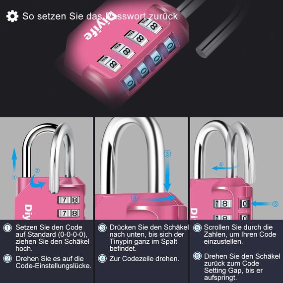 Diyife 4 Stellig Vorhängeschloss Zahlenschloss Spind Fitnessstudio, Wetterfestes Plattierter Stahl Zahlenschloss Schloss, Kombinationsschloss, Spindschloss für Lagerung, Kellertür, Gartenzäunen - Rosa