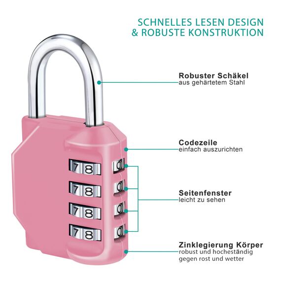 ZHEGE Vorhängeschloss 4 Stellig, Vorhänge Zahlenschloss Spind für Fitnessstudio, Vorhängeschloss Zahlen, Schloss Zahlencode Wetterfest für Tür, Gartenzäunen (2 Stück, Rosa)