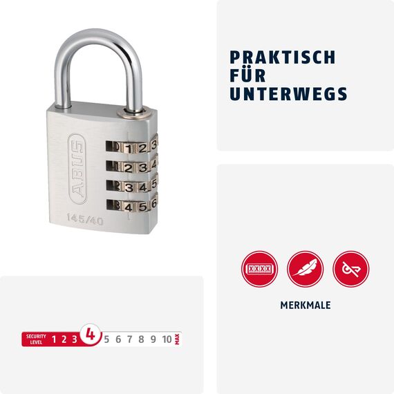 ABUS Zahlenschloss 145/40 Silber - Kofferschloss, Spindschloss u. v. m. - Aluminium-Vorhängeschloss - individuell einstellbarer Zahlencode - ABUS-Sicherheitslevel 4