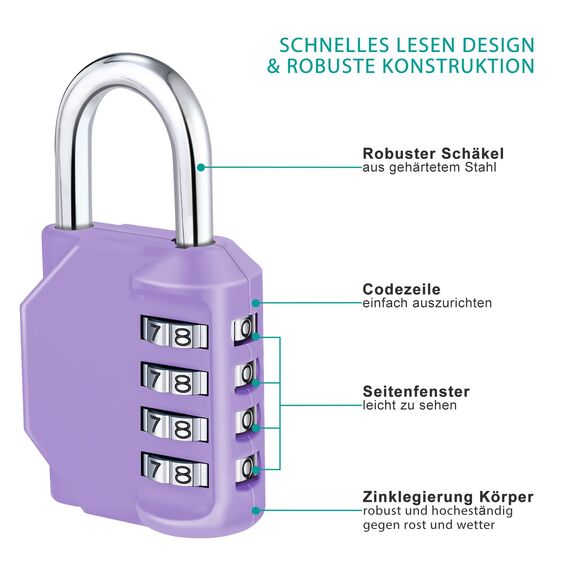 ZHEGE Zahlenschloss Vorhängeschloss 4 Stellig für Fitnessstudio, Spind Schloss, Vorhängeschloss Zahlenschloss Wetterfest für Tür, Gartenzäunen, Garagen (2 Stücke, Violett)