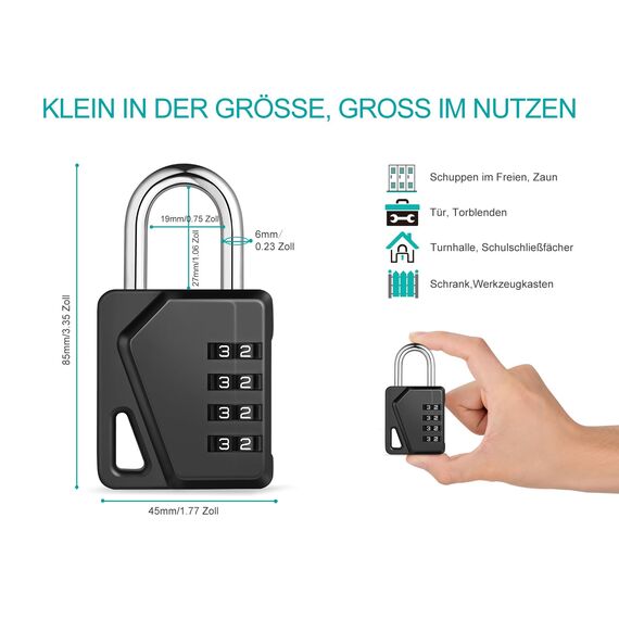 ZHEGE Vorhängeschloss mit Zahlencode, 4-Stelliges Zahlenschloss, Kombinationsschloss, Schlösser für Spind, Schule, Fitnessstudio, Nummernschloss Wetterfest für Schuppen, Zaun Tor (Schwarz, 1 Stück)