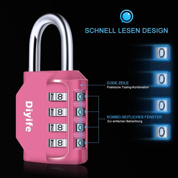 Diyife 4 Stellig Vorhängeschloss Zahlenschloss Spind Fitnessstudio, Wetterfestes Plattierter Stahl Zahlenschloss Schloss, Kombinationsschloss, Spindschloss für Lagerung, Kellertür, Gartenzäunen - Rosa