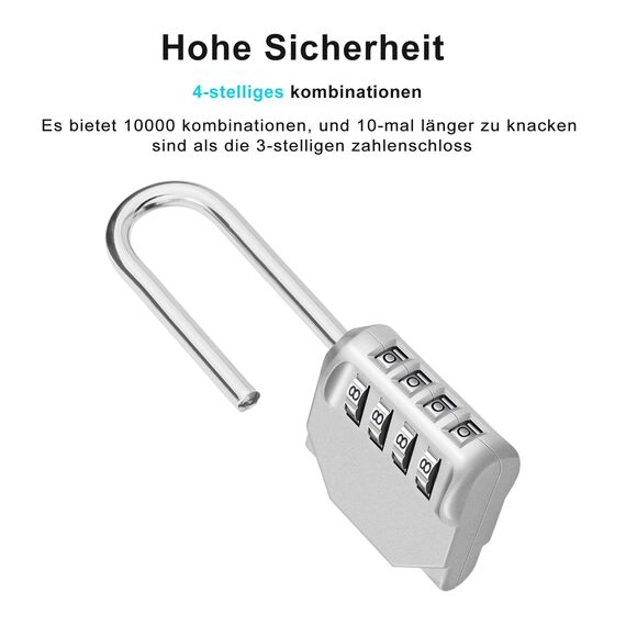 ZHEGE Lang Vorhängeschloss Zahlen, 115 mm Gesamthöhe, 66,5 mm Bügelhöhe, 4-stellig Zahlenschloss Langer Bügel für Fitnessstudio Spind, Werkzeugkisten, Wetterfest Schloss für Tür (1 Stück, Silber)