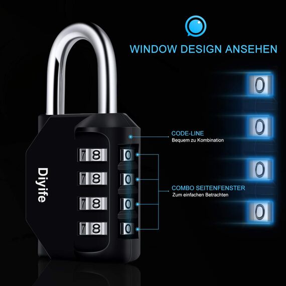 Zahlenschlösser Vorhängeschloss 4-Stelliges, Diyife® Kombinationsschloss, Wetterfestes Metall & Plated Steel Combination Lock für Schule, Gym & Sports Locker, Hasp Cabinet & Storage - Schwarz