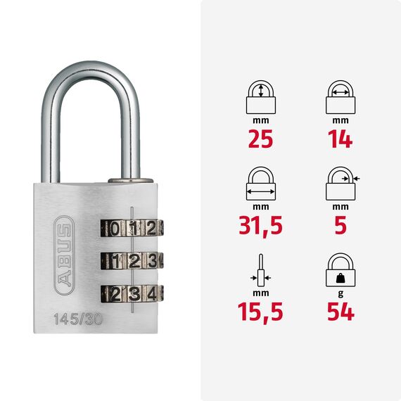 ABUS Zahlenschloss 145/30 Titanium - Kofferschloss, Spindschloss u. v. m. - Aluminium-Vorhängeschloss - individuell einstellbarer Zahlencode - ABUS-Sicherheitslevel 3