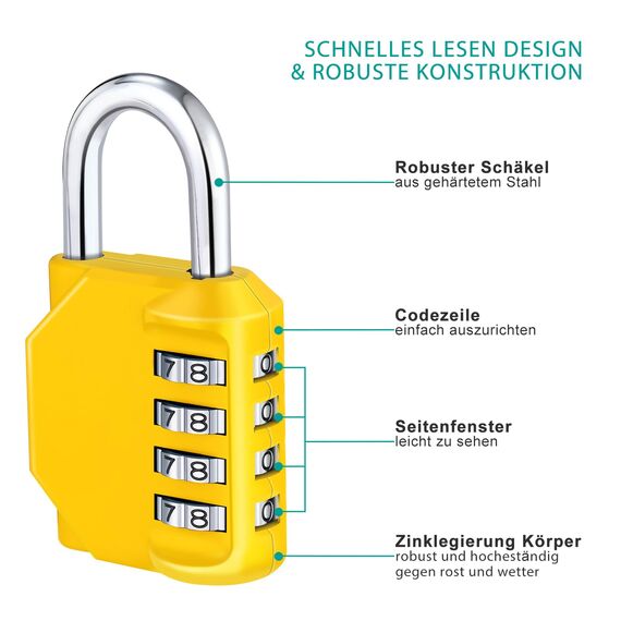 ZHEGE Vorhängeschloss 4 Stellig, Vorhänge Zahlenschloss Spind für Fitnessstudio, Vorhängeschloss Zahlen, Schloss Zahlencode Wetterfest für Tür, Gartenzäunen (Gelb)