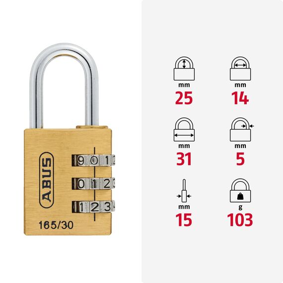 ABUS Zahlenschloss 165/30 - Vorhängeschloss aus Messing - mit individuell einstellbarem Zahlencode - Kofferschloss / Spindschloss - ABUS-Sicherheitslevel 3