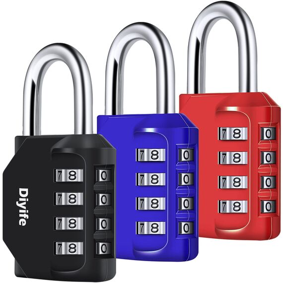 Diyife 3 Stück 4-Stelliges Zahlenschloss, Vorhängeschloss, Kombinationsschloss, Wetterfestes Metall, Plated Steel Combination Lock für Schule, Gym Locker, Schwarz Rot Blau