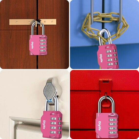 Diyife 2 Pack 4 Stellig Zahlencode Schloss, Vorhängeschloß, Rücksetzbar Zahlenschloss, Wasserdicht Zahlen Schloss für Spind, Garage, Koffer - Rosa
