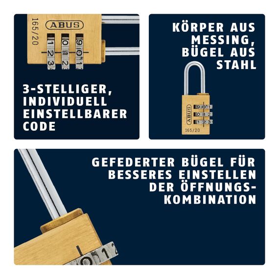 ABUS Zahlenschloss 165/20 - Vorhängeschloss aus Messing - mit individuell einstellbarem Zahlencode - Kofferschloss/Spindschloss - ABUS-Sicherheitslevel 3 (Packung mit 2)