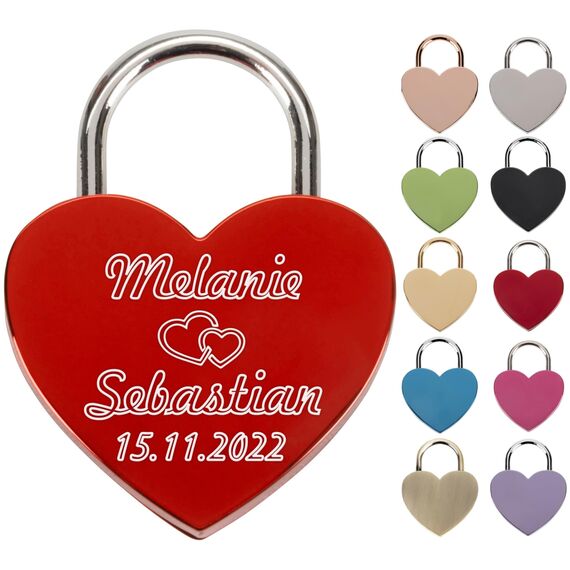 Liebesschloss mit Gravur und Schlüssel - Herzschloss Vorhängeschloss personalisiert mit Wunschtext - Pärchen Geschenke für Frauen - Jahrestag Geschenk für Sie - Partner Geschenke für Ihn (Rot)
